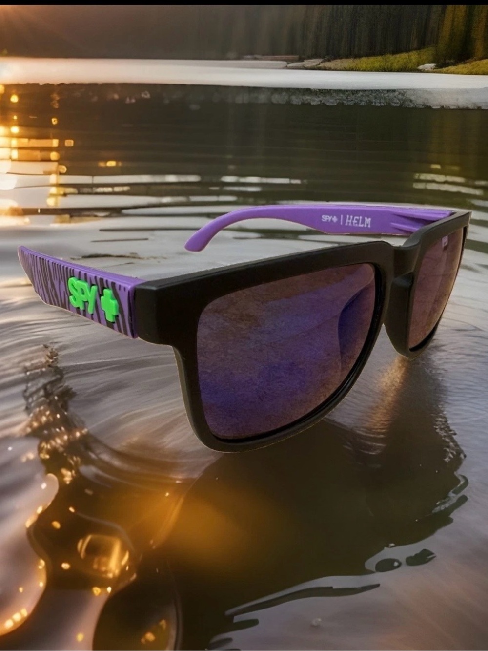 New SPY+ Optic Helm Sunglasses — Black Frame with Purple Zebra Multicolor Lenses